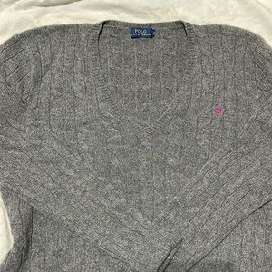 Polo Ralph Lauren Cashmere Gray Cable Knit V Neck Sweater XL #B